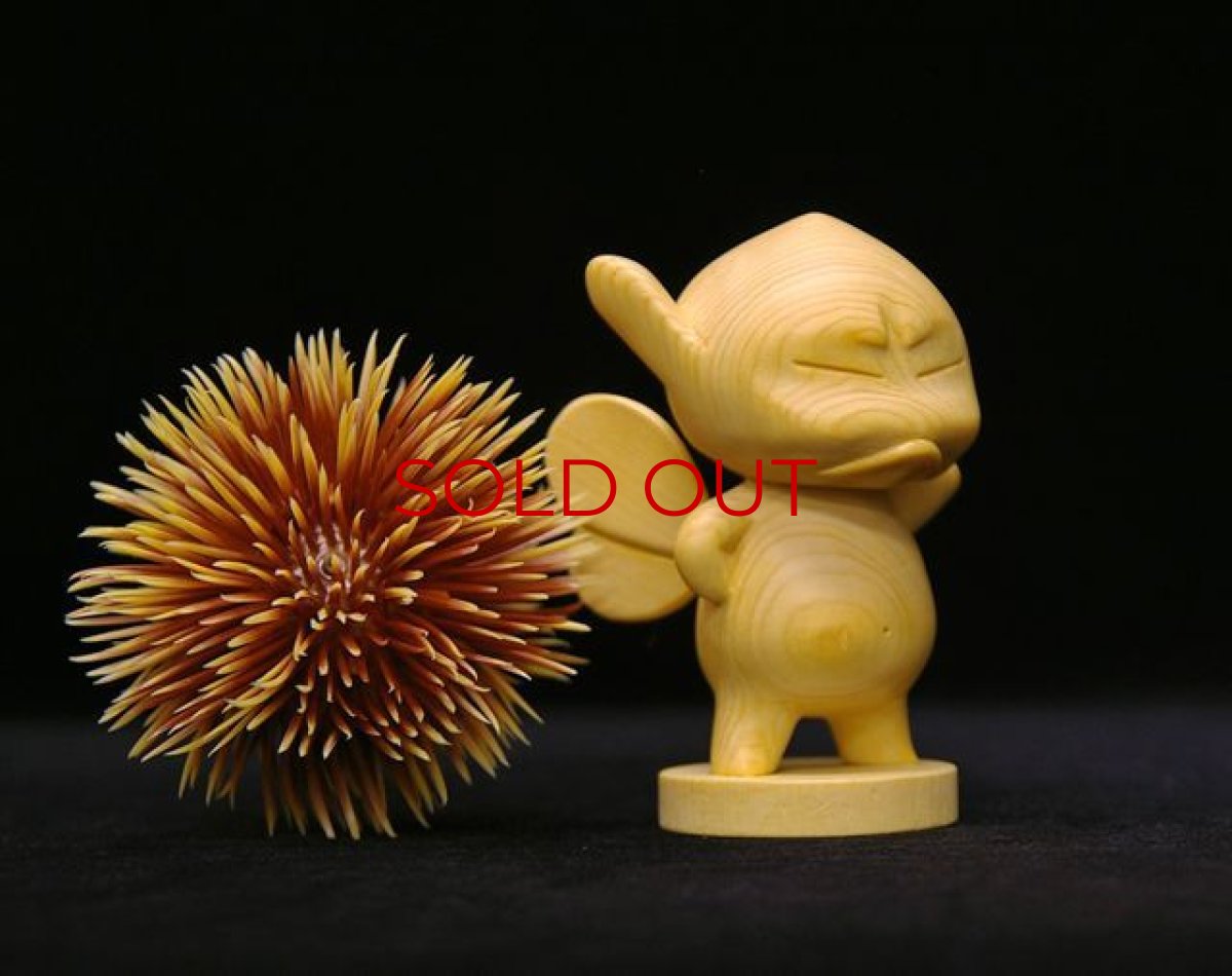 Photo3: No. 116 Wooden Figurine: Hinoki Puck (Angry)/ with Golden Chestnut *Sold out! (3)