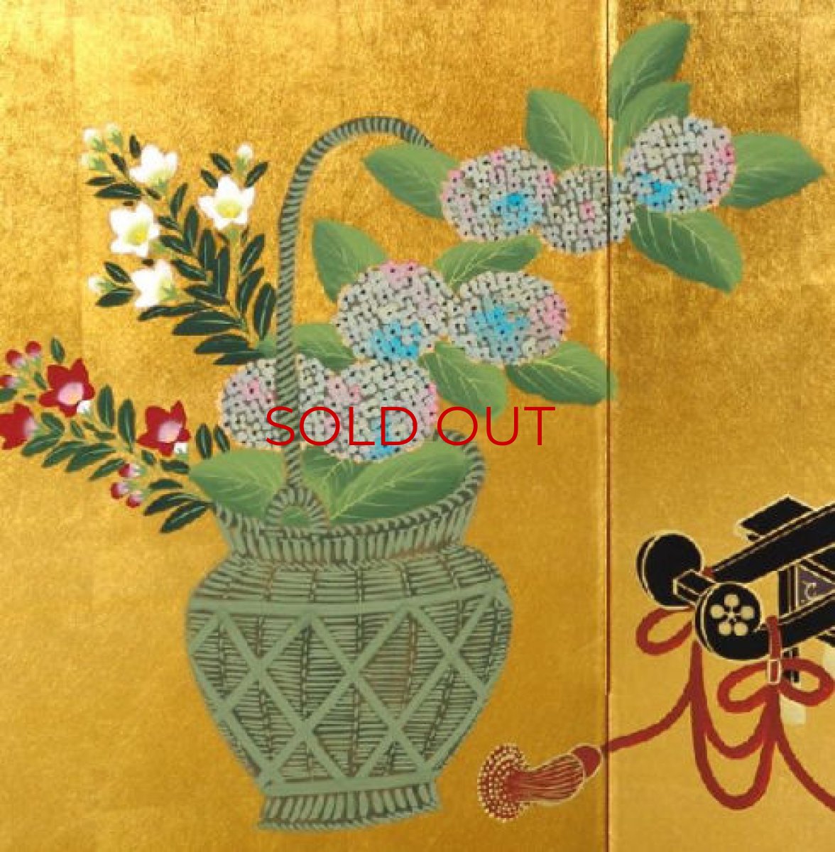 Photo2: Japanese Handmade Golden Folding Screen -Flowers of Four Seasons- (2)