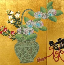 Photo2: Japanese Handmade Golden Folding Screen -Flowers of Four Seasons- (2)