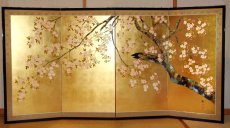 Photo1: Japanese Handmade Golden Folding Screen -Sakura- (1)