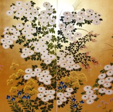 Photo3: Japanese Handmade Golden Folding Screen -White Chrysanthemum - (3)