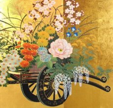 Photo3: Japanese Handmade Golden Folding Screen -Flowers of Four Seasons- (3)