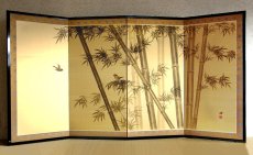 Photo1: Japanese Handmade Golden Folding Screen -Bamboo & Sparrows- (1)