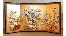 Photo1: Japanese Handmade Golden Folding Screen -White Chrysanthemum - (1)