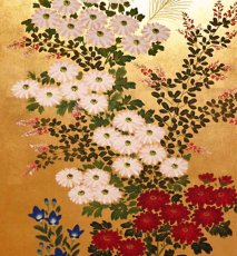 Photo2: Japanese Handmade Golden Folding Screen -White Chrysanthemum - (2)