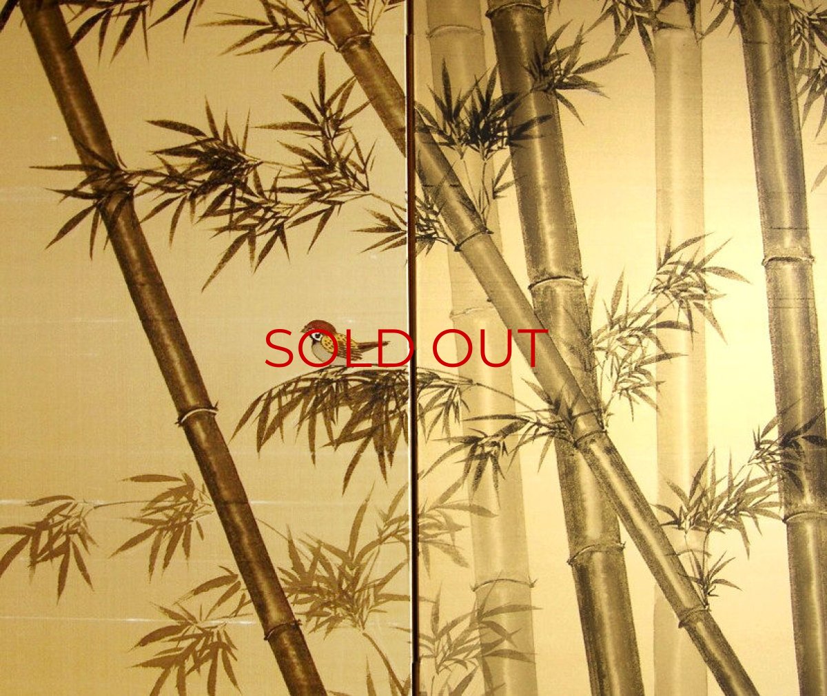 Photo2: Japanese Handmade Golden Folding Screen -Bamboo & Sparrows- (2)